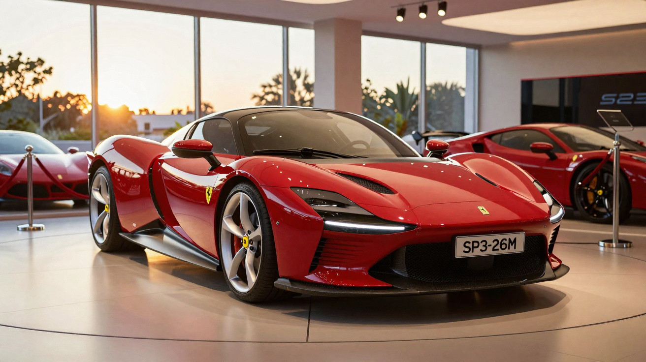 Carro desportivo vermelho Ferrari exposto em showroom moderno com grandes janelas ao pôr do sol.