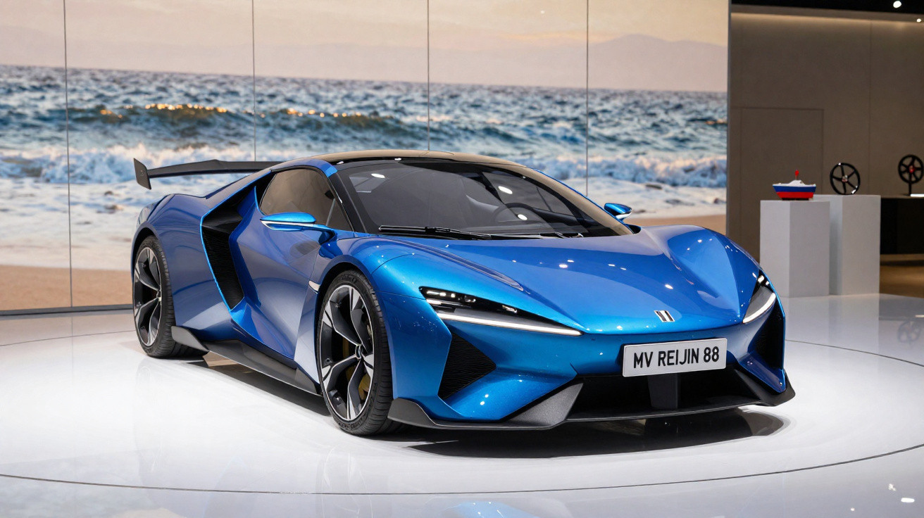 Carro desportivo azul brilhante exibido em salão com imagem de mar ao fundo.