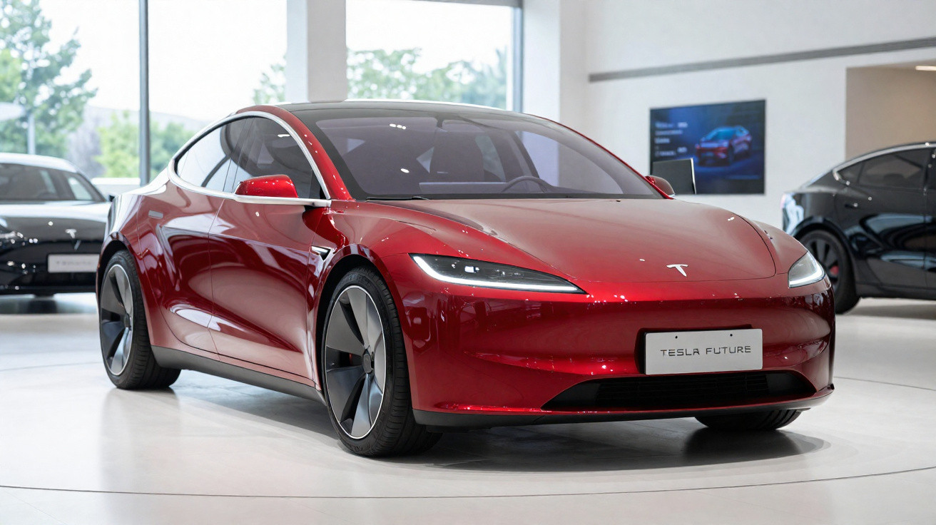 Carro elétrico Tesla vermelho em exposição numa sala moderna com janelas grandes.