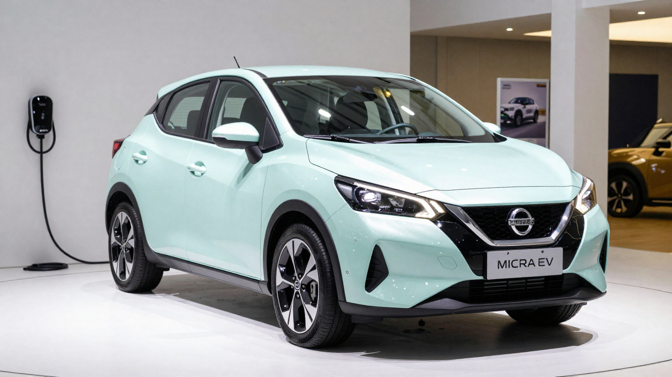 Nissan Micra EV eléctrico de cor azul claro em exposição, ligado a estação de carregamento.