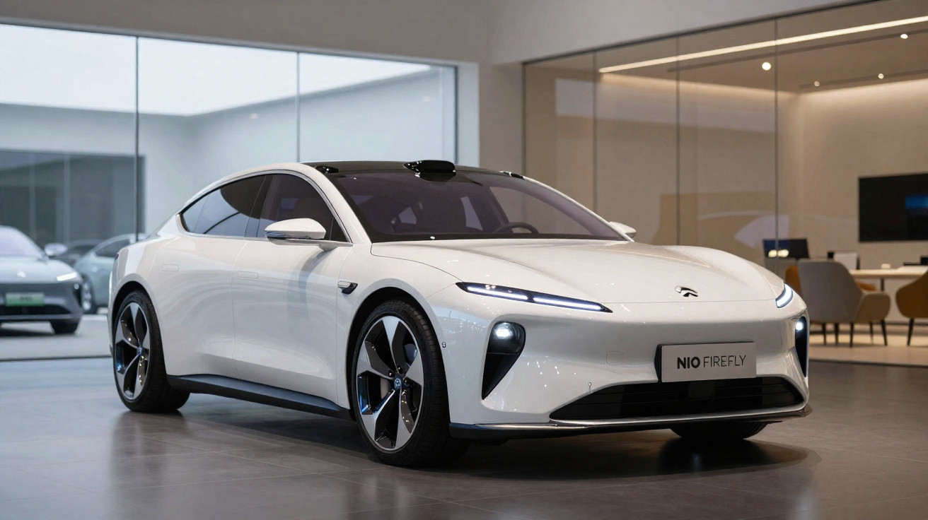 Carro elétrico desportivo branco NIO Firefly em showroom moderno com luzes LED acesas.