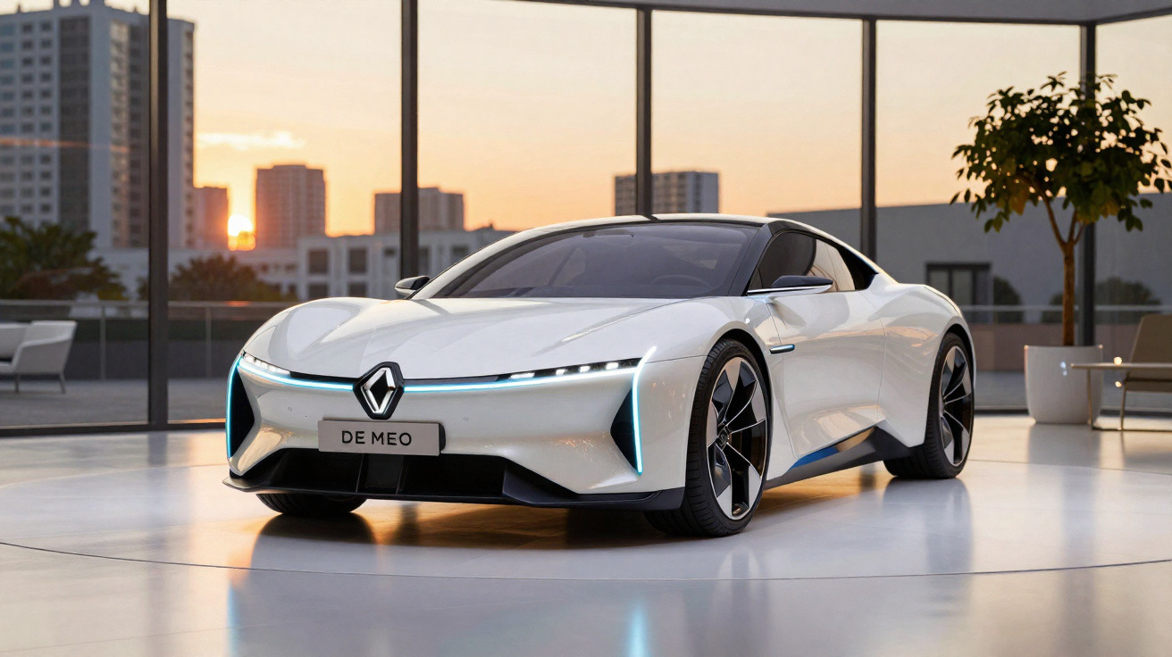Carro desportivo elétrico branco da Renault com design futurista em ambiente moderno ao pôr do sol.