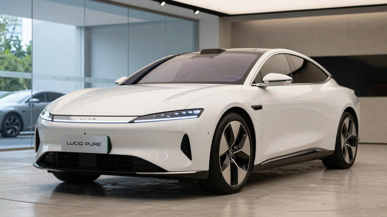Carro elétrico branco Lucid Pure estacionado em interior com design moderno e jantes aerodinâmicas.