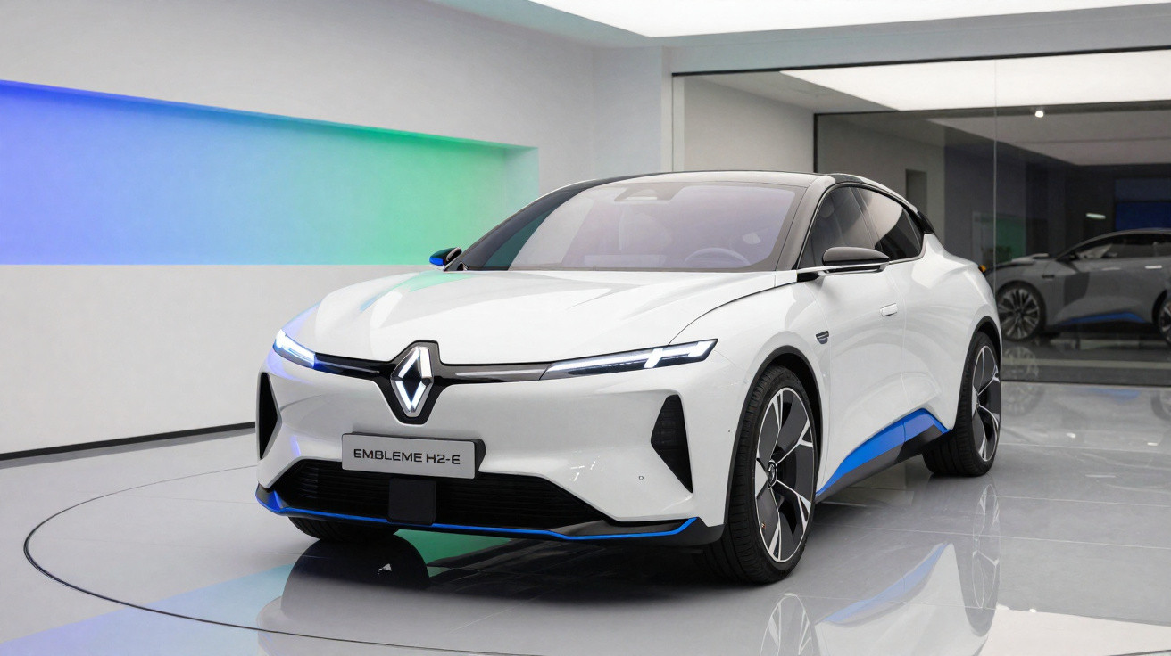 Carro elétrico branco Renault Embleme H2-E estacionado em espaço moderno com chão brilhante e parede com iluminação verde.