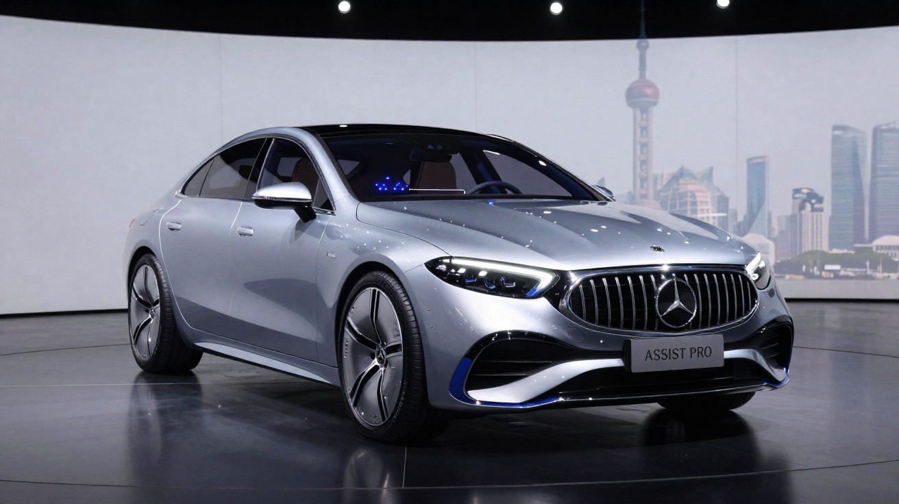 Carro elétrico Mercedes-Benz Assist Pro cinzento em exposição num salão automóvel moderno.