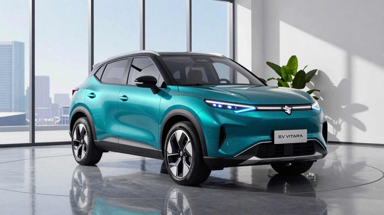 Automóvel SUV elétrico Suzuki EV Vitara verde em showroom moderno com janelas grandes e planta decorativa.