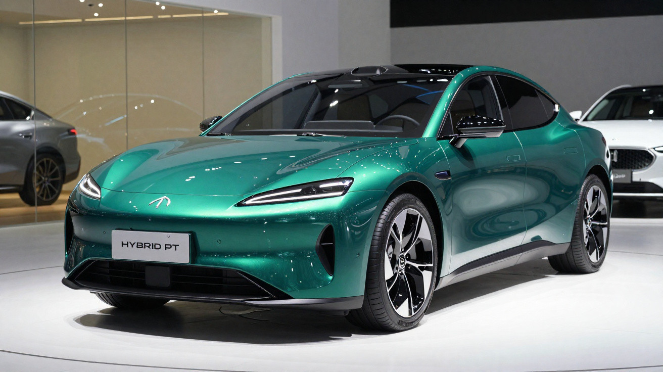 Carro elétrico híbrido esportivo verde metálico exposto em salão automóvel moderno.