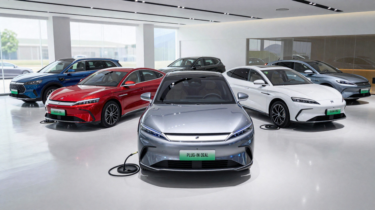 Conjunto de cinco carros elétricos novos expostos em salão luminoso com carregamento plug-in.