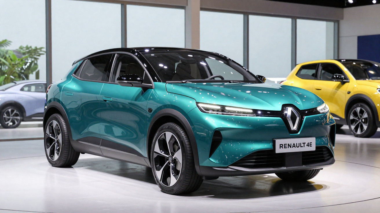 Automóvel elétrico Renault 4E verde exibido em salão automóvel, com carro amarelo ao fundo.