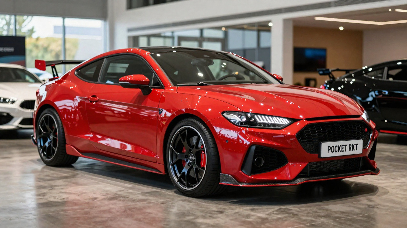 Carro desportivo vermelho estacionado em interior de concessionária com jantes pretas e spoiler traseiro.