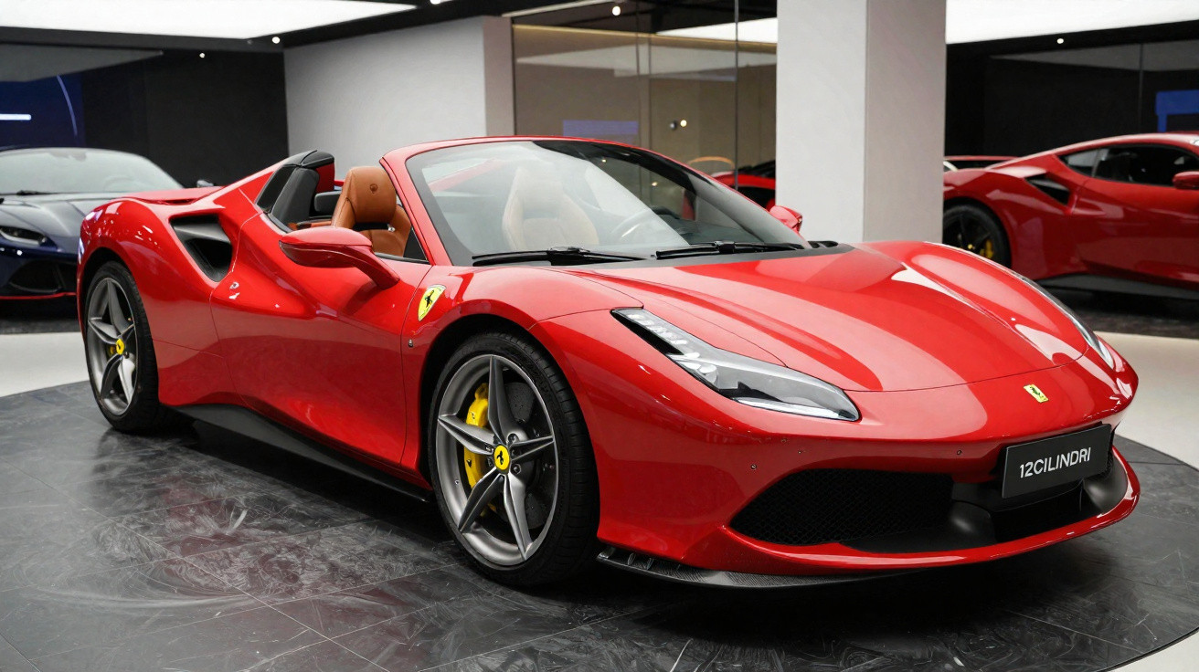 Ferrari conversível vermelho exposto em salão automóvel com interior castanho e jantes cinza.