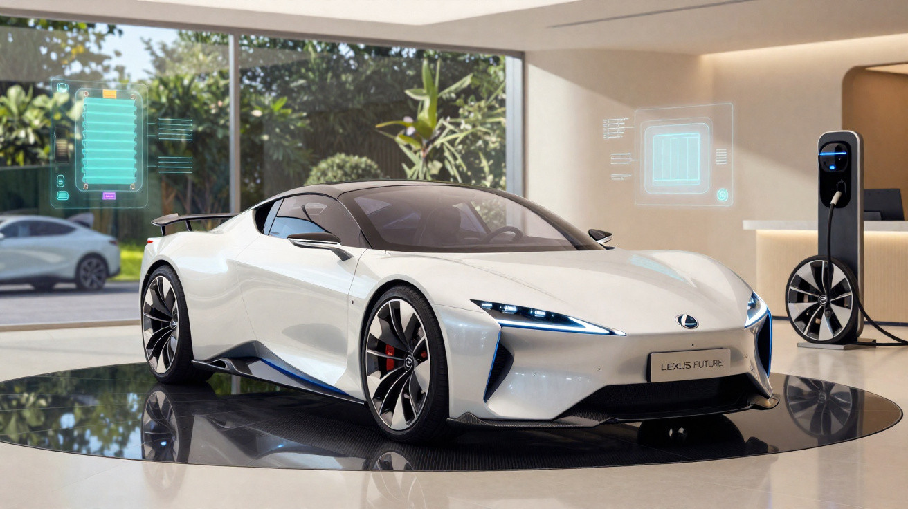 Carro desportivo eléctrico branco Lexus Future exposto em showroom moderno com estação de carregamento.