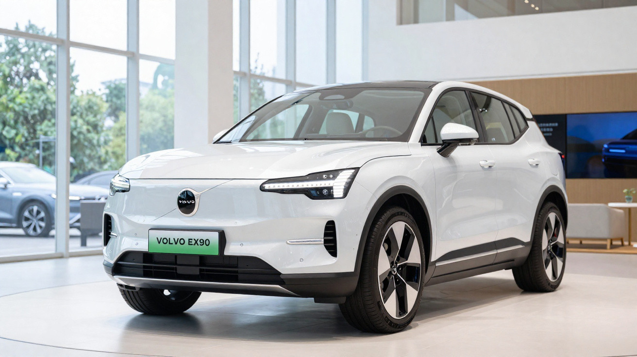 Carro elétrico Volvo EX90 branco numa exposição interior moderna com janelas amplas.