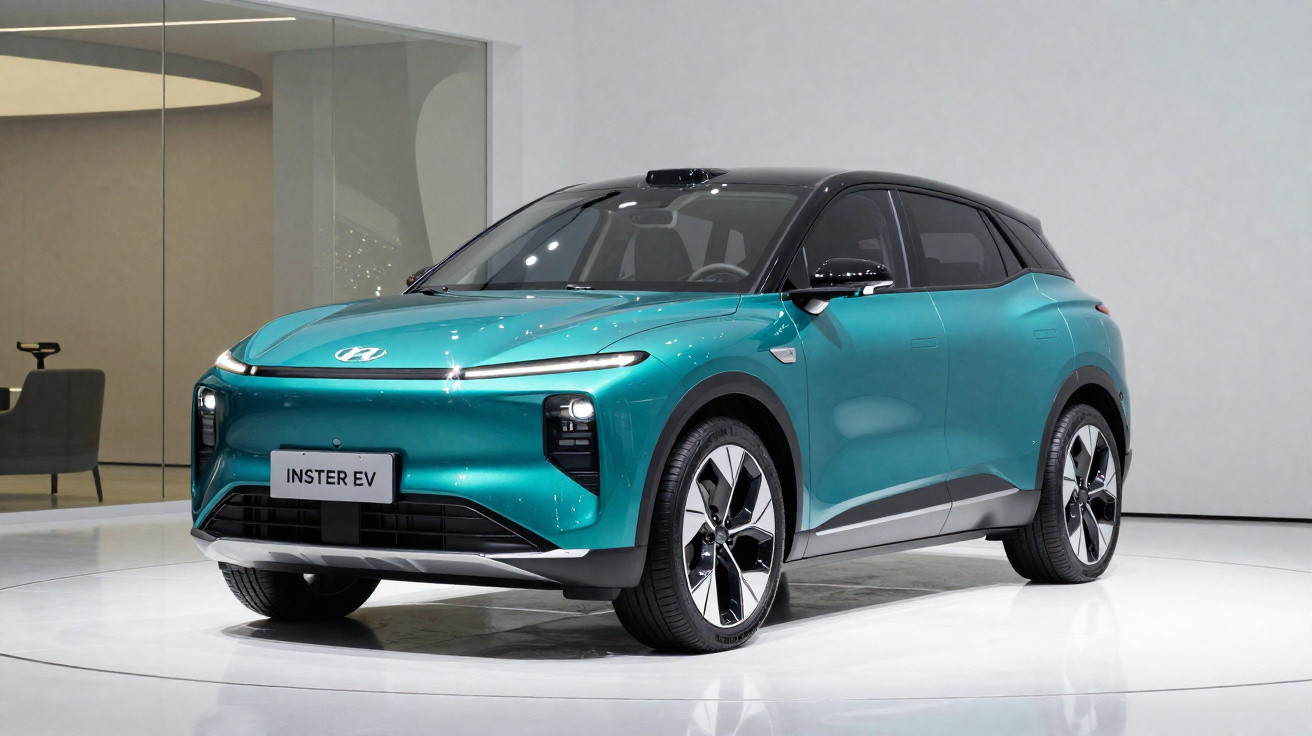 Automóvel elétrico Hyundai Instser EV azul turquesa exibido em ambiente interior moderno.