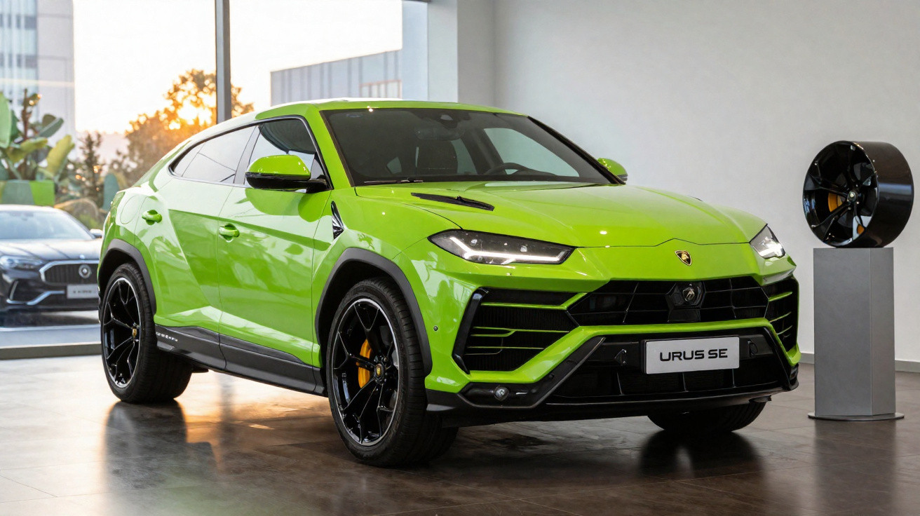 Carro Lamborghini Urus SE verde brilhante estacionado num showroom moderno com luz natural.