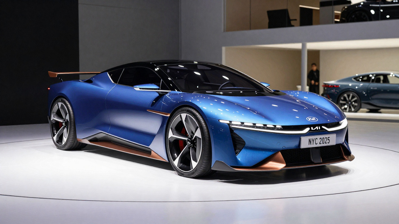 Carro desportivo elétrico azul com detalhes em cobre em exposição num salão automóvel.