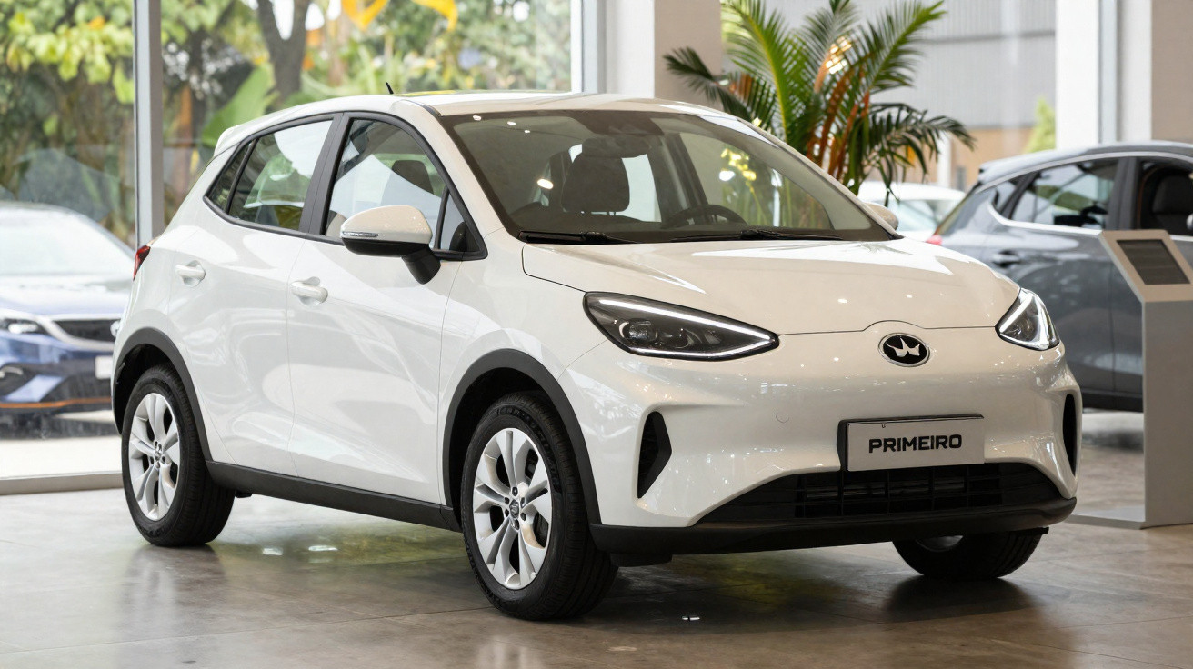 Carro elétrico branco modelo compacto exposto em salão com janelas grandes e plantas decorativas.