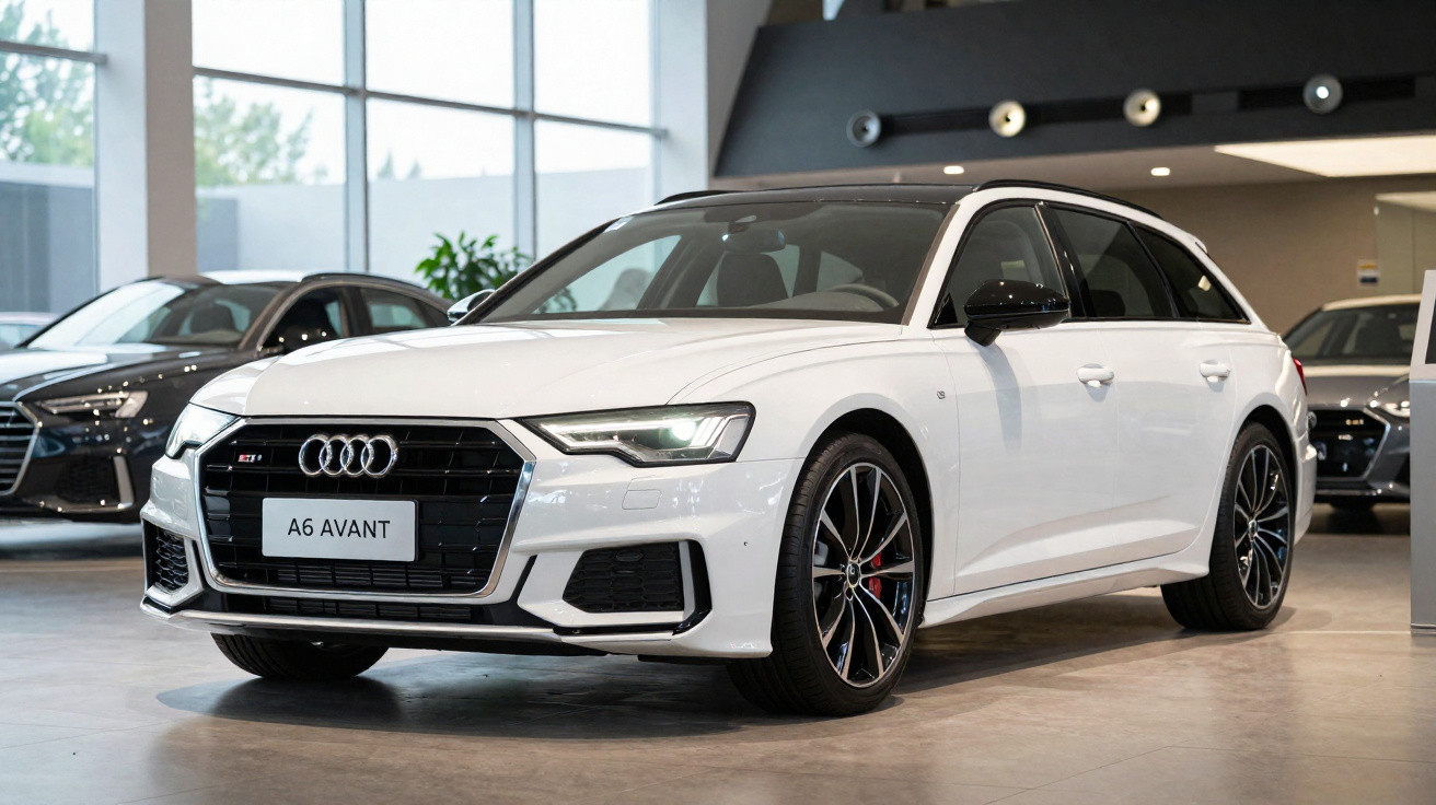 Audi A6 Avant branco estacionado numa concessionária moderna com outras viaturas ao fundo.