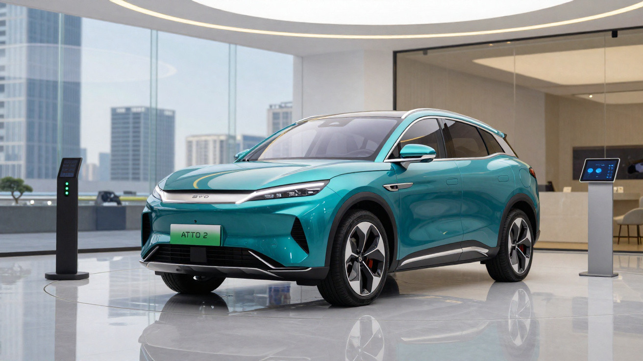 Carro elétrico azul moderno num espaço interior com chão brilhante e vidros panorâmicos urbanos ao fundo.
