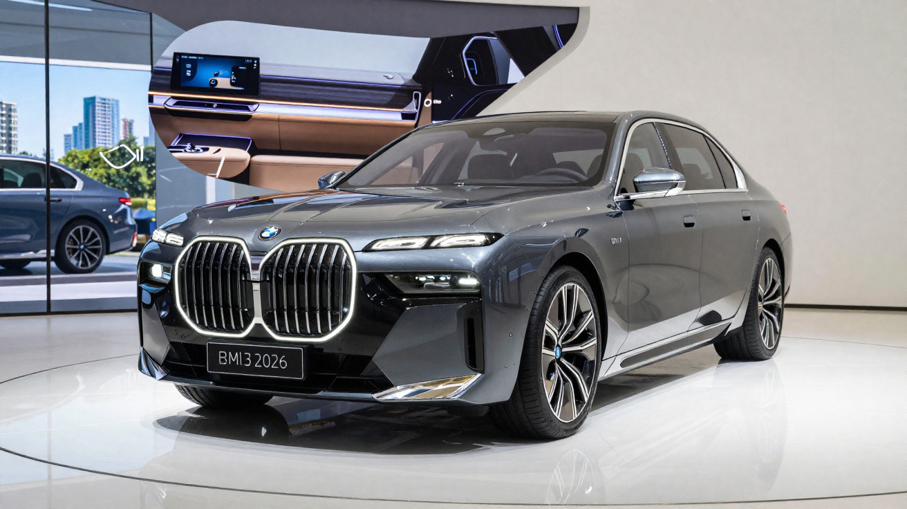 Carro BMW elétrico cinzento em exposição num salão, com grelha frontal grande e rodas desportivas.