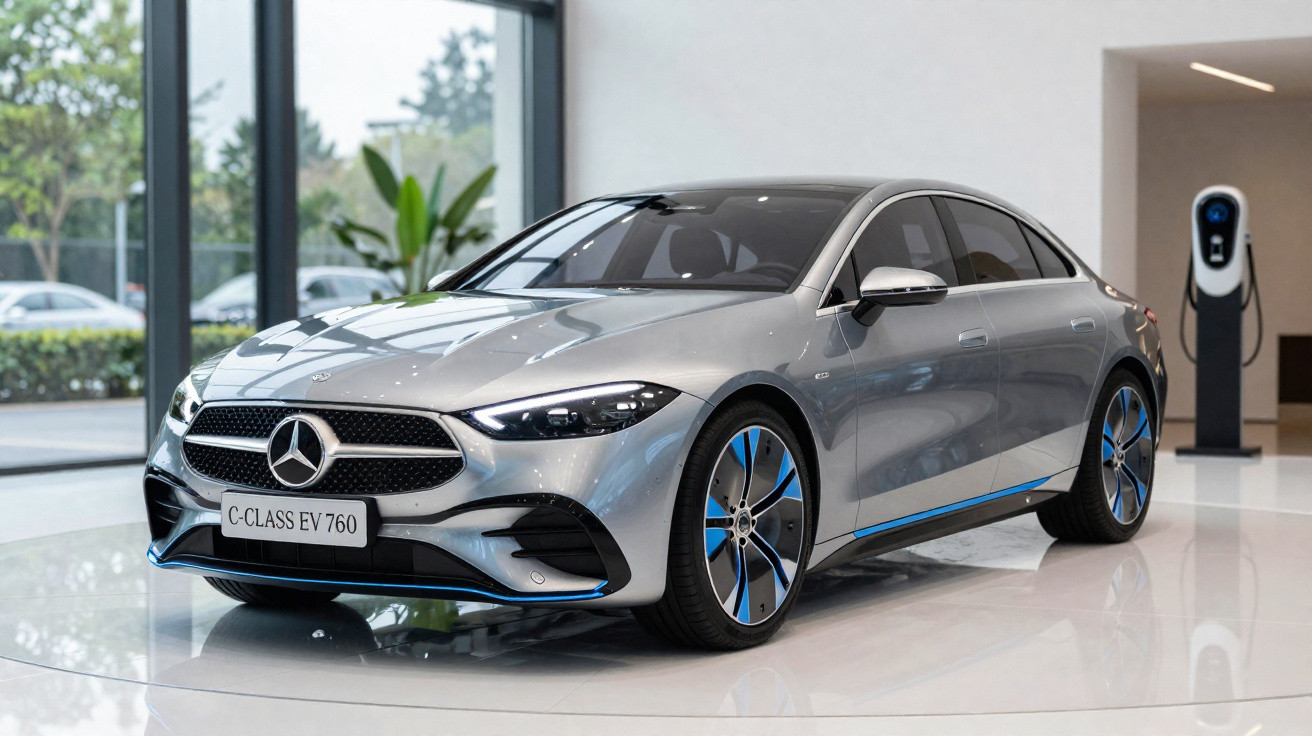 Mercedes-Benz C-Class EV 760 elétrico cinza, moderno, estacionado num showroom com estação de carregamento.