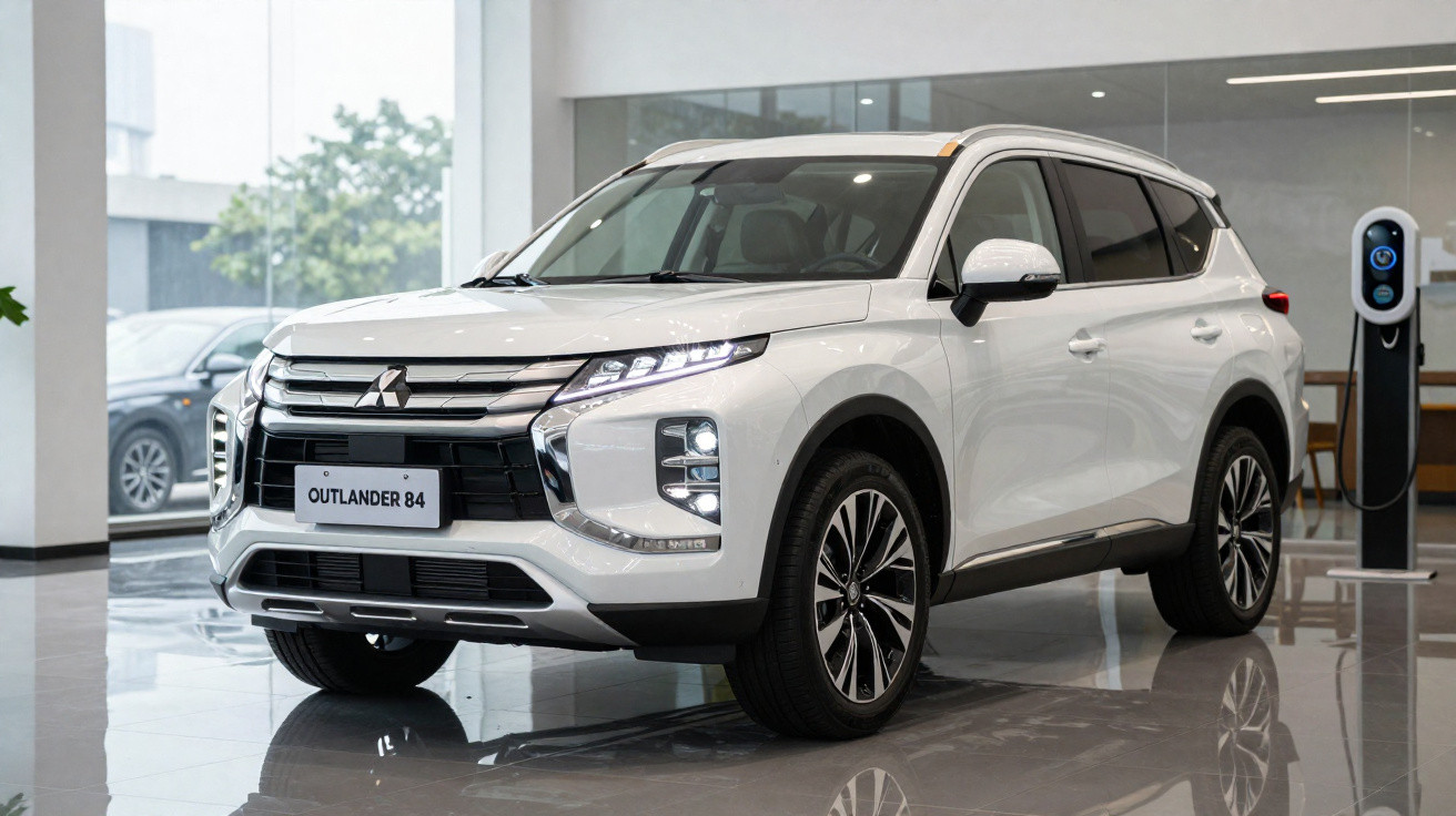 Veículo Mitsubishi Outlander 84 branco exibido em showroom moderno e iluminado.