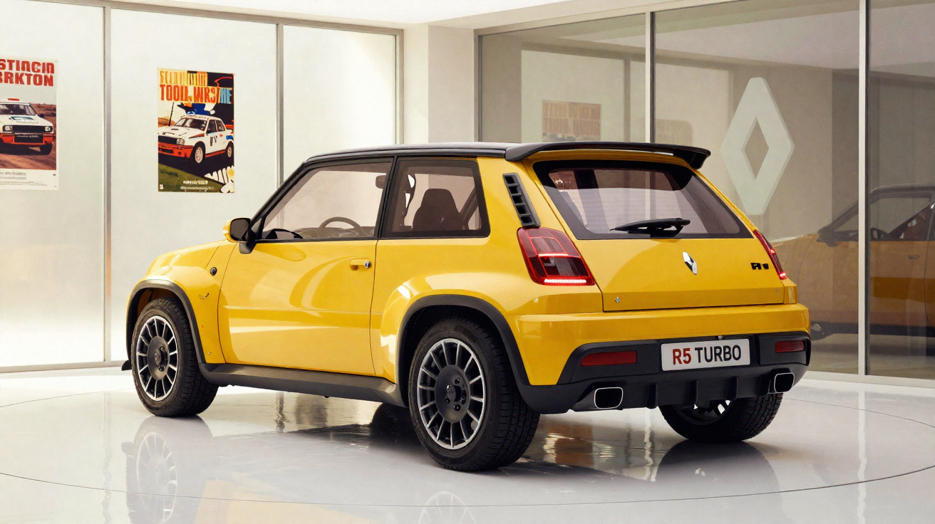 Carro Renault R5 Turbo amarelo exibido em sala de exposição com paredes claras e posters retro.
