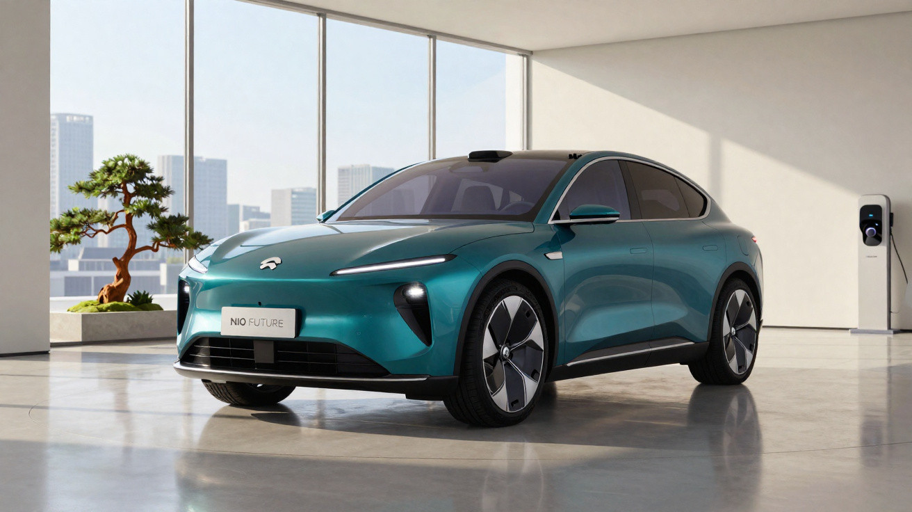 Carro elétrico azul NIO estacionado em garagem moderna com carregador e planta decorativa.