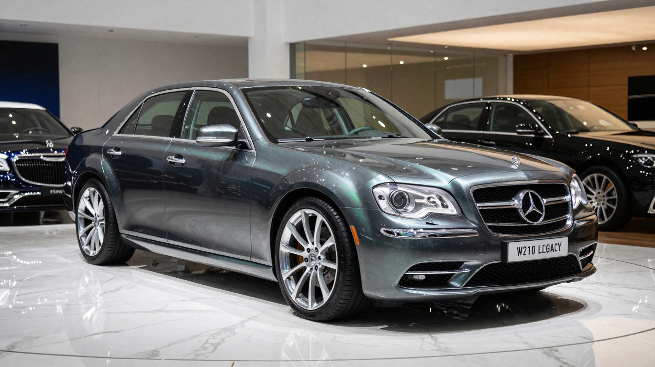 Carro desportivo Mercedes-Benz sedan cinzento estacionado em showroom moderno com chão em mármore branco.