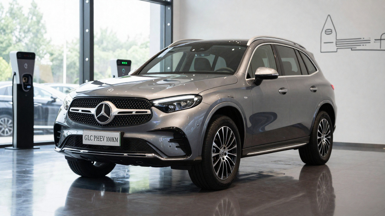 Mercedes-Benz GLC PHEV cinzento exibido num salão de automóveis com carregadores elétricos ao fundo.