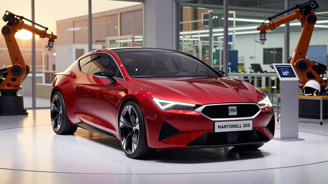 Carro desportivo vermelho SEAT Martorell 30S em showroom moderno com braços robóticos e luz natural.