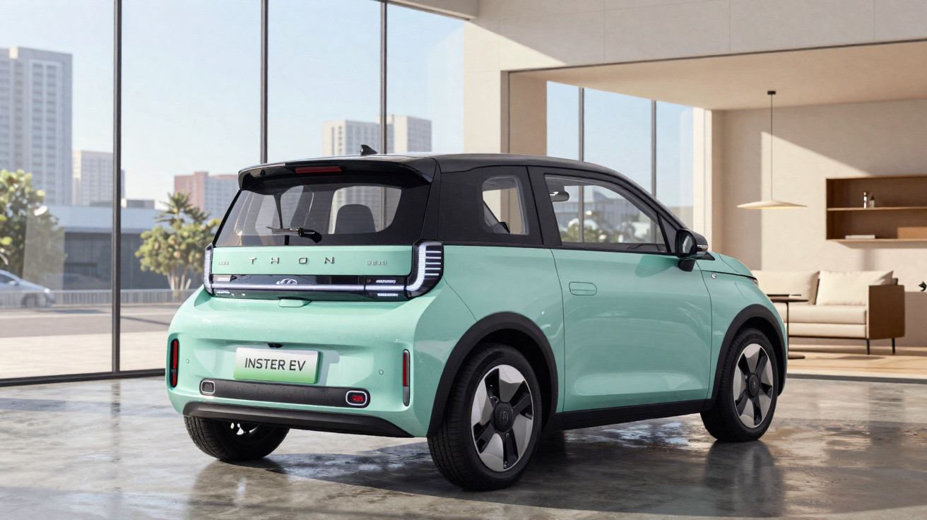 Carro elétrico compacto verde água com tejadilho preto estacionado num espaço moderno com grandes janelas.