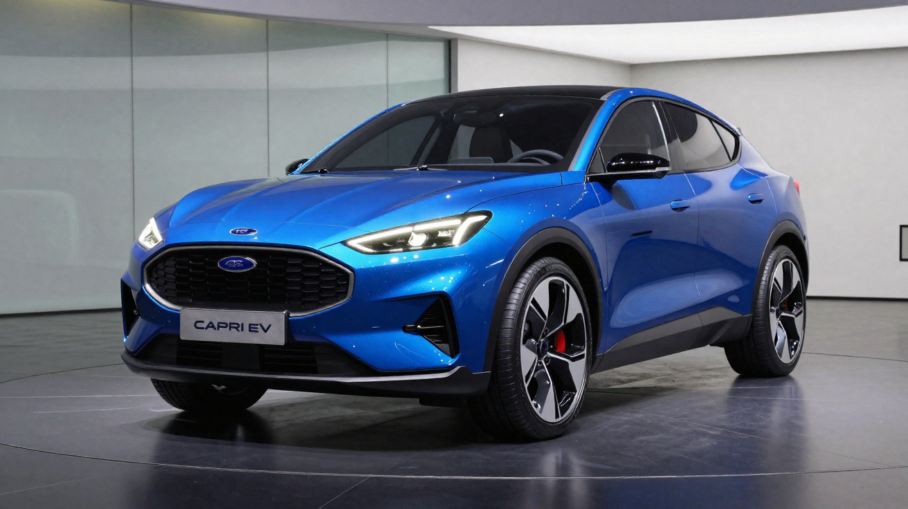 Carro elétrico azul Ford Capri EV estacionado em ambiente interior moderno e minimalista.