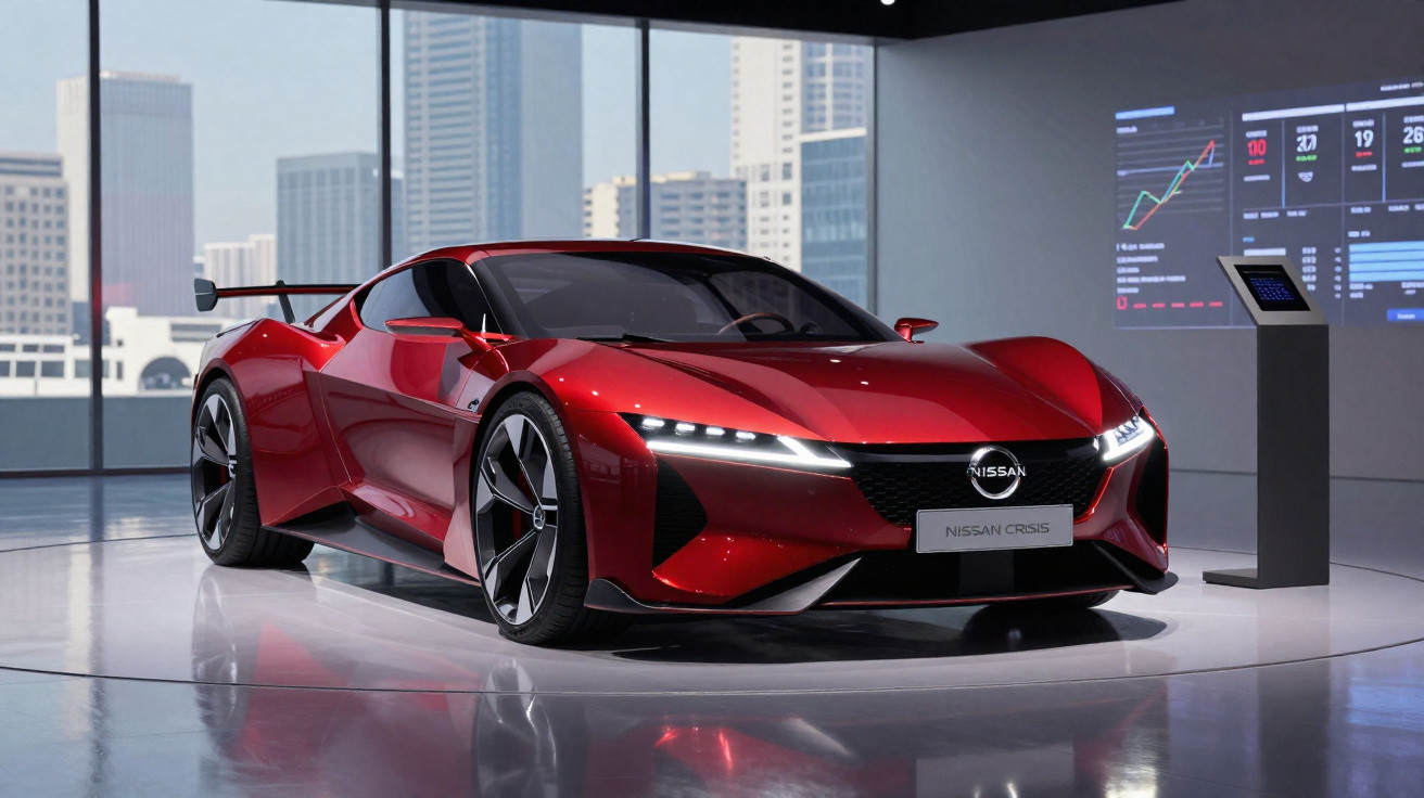 Carro desportivo vermelho Nissan em exposição numa sala moderna com janelas grandes e gráficos digitais.