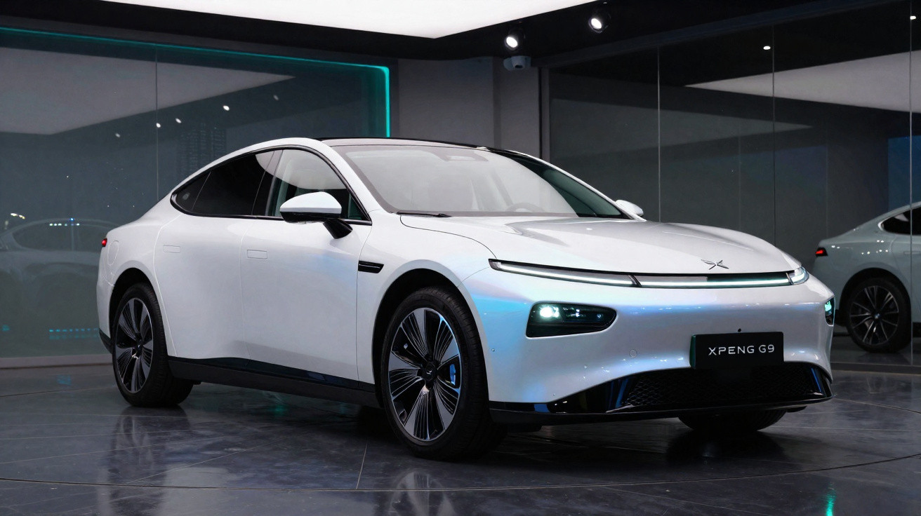 Carro elétrico branco XPeng G9 numa exposição moderna com iluminação ambiental e reflexos no chão.