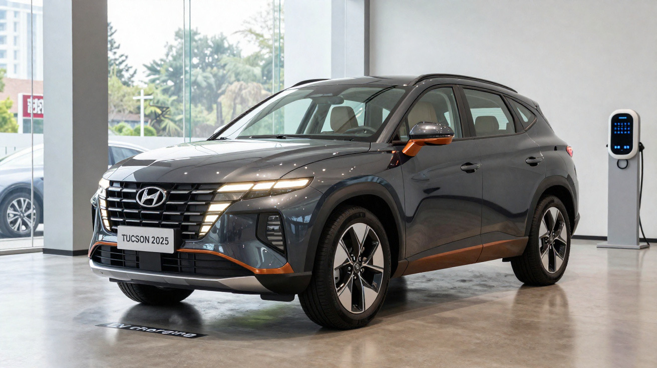 Automóvel Hyundai Tucson 2025 cinza escuro exibido em showroom moderno com carregador elétrico na parede.