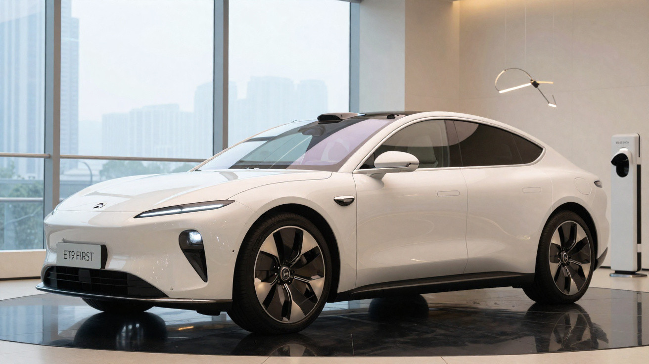 Carro elétrico branco estacionado num espaço interior moderno com carregador ao fundo.