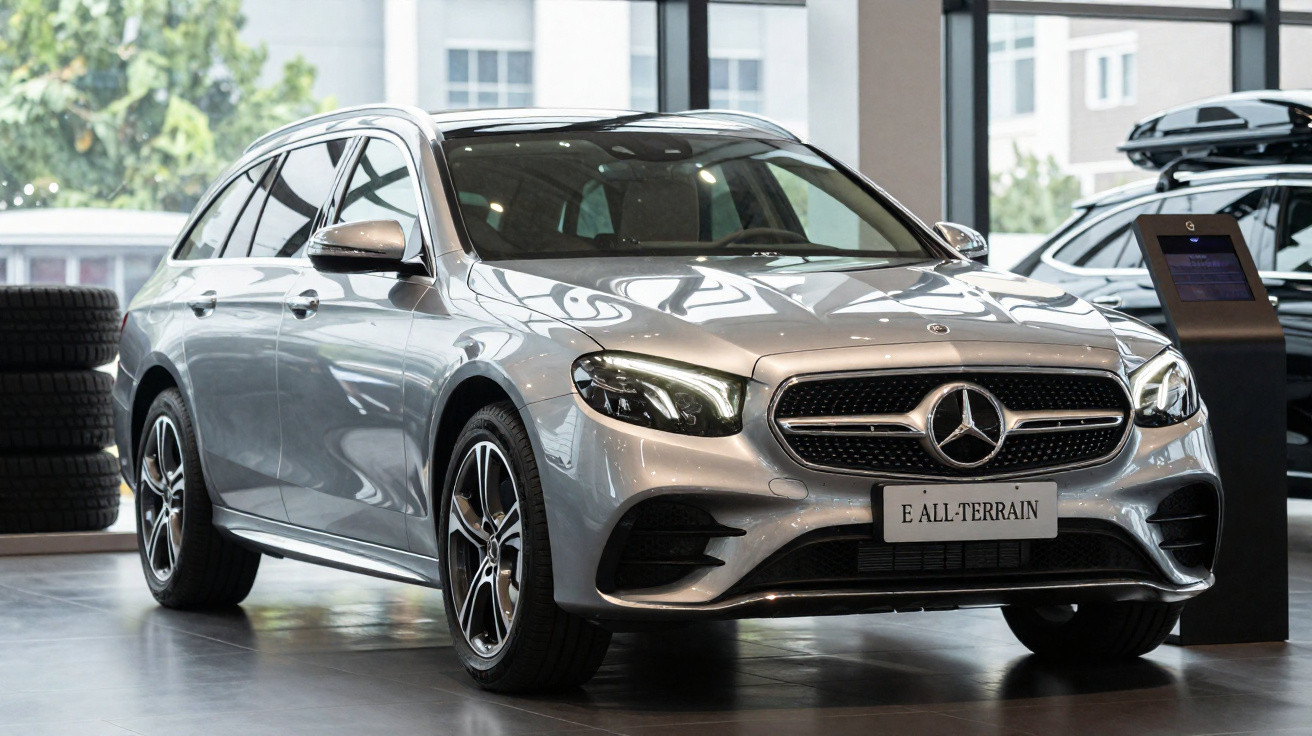 Mercedes-Benz E All-Terrain prata exposto numa garagem com janelas grandes ao fundo.