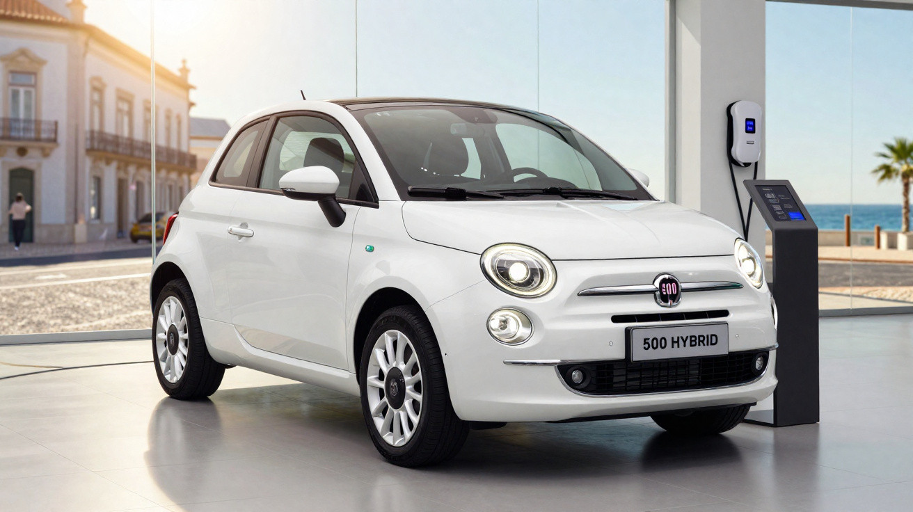 Carro híbrido branco Fiat 500 estacionado numa garagem com carregador elétrico ao lado.