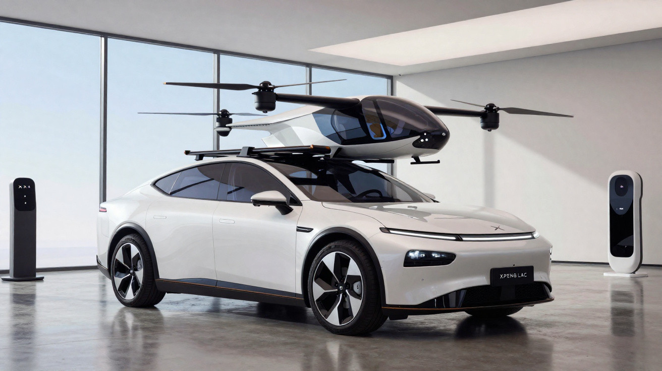 Carro elétrico branco com design moderno e drone aéreo posicionado em cima, numa sala com grandes janelas.
