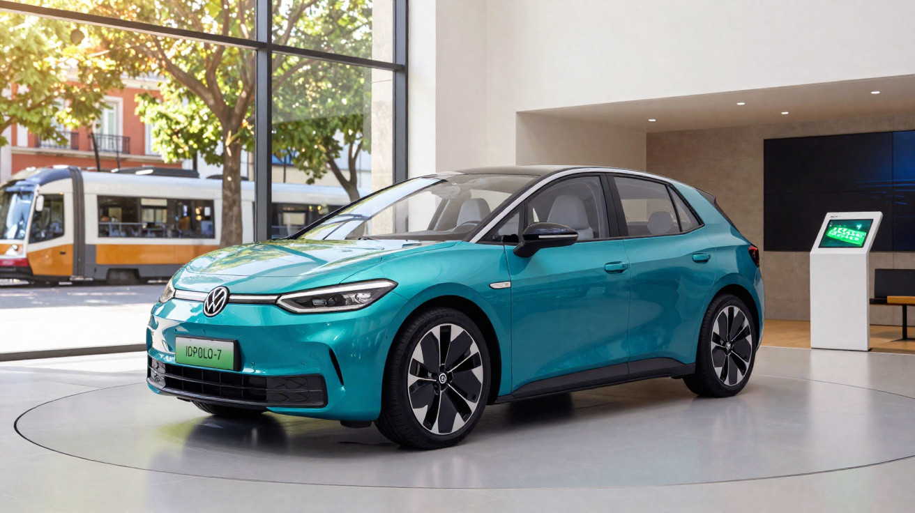 Carro elétrico Volkswagen ID. Polo-7 azul exibido num espaço interior moderno com janelas grandes.