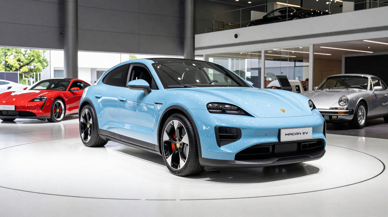 Carro elétrico Porsche Macan EV azul em exposição, com dois carros desportivos ao fundo.