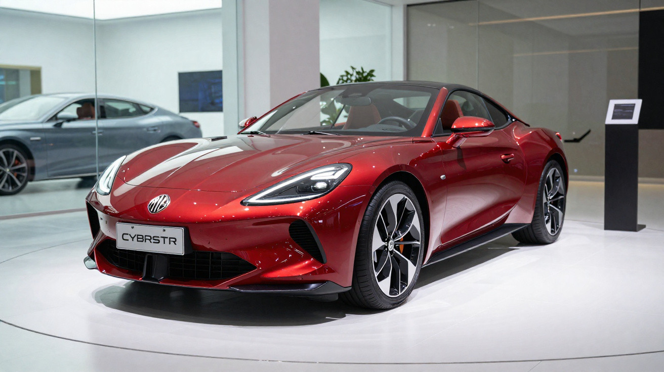 Carro desportivo vermelho MG CYBRSTR exposto em ambiente interior, com refletor e veículo cinzento ao fundo.