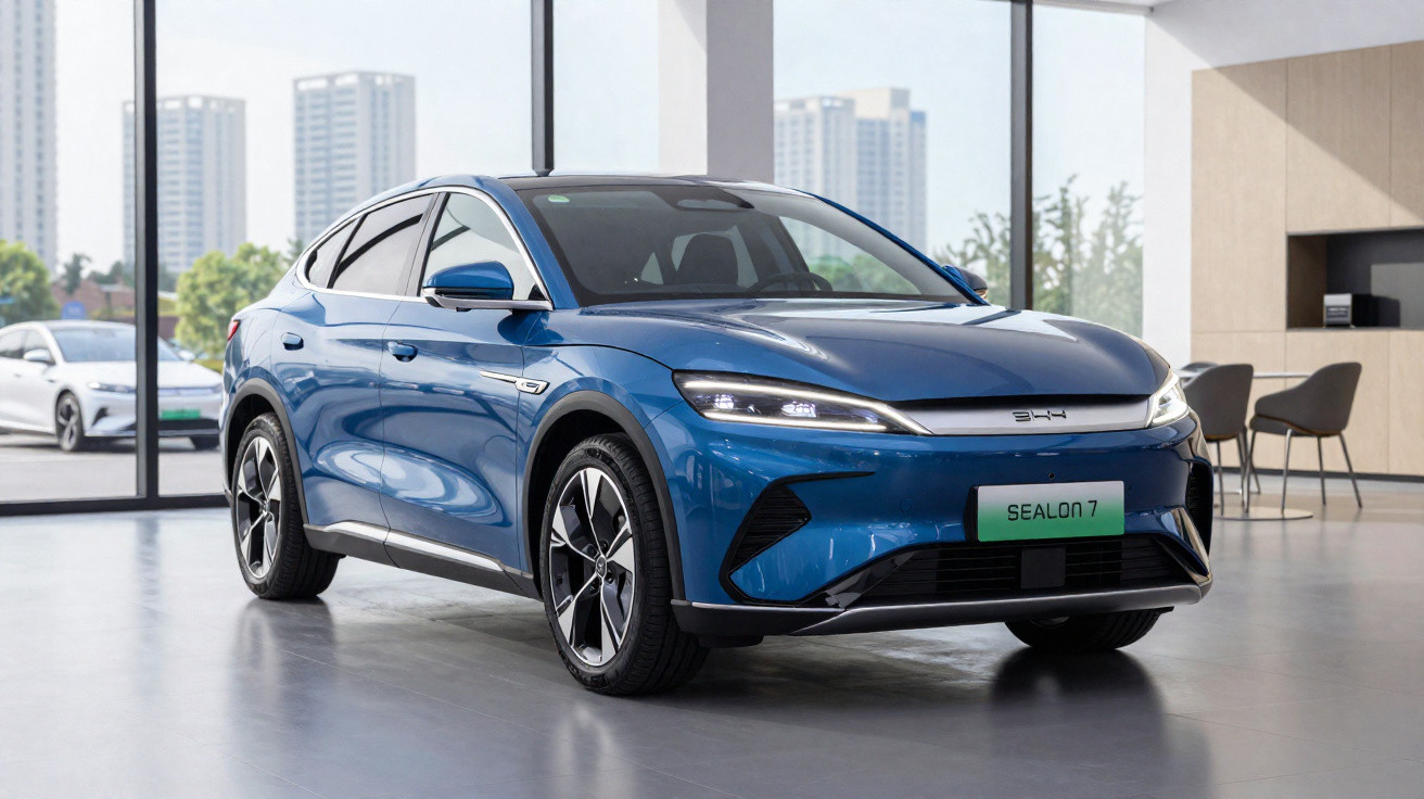 Carro elétrico azul BYD Sealon 7 exibido em ambiente interior moderno com janelas amplas e cadeiras.