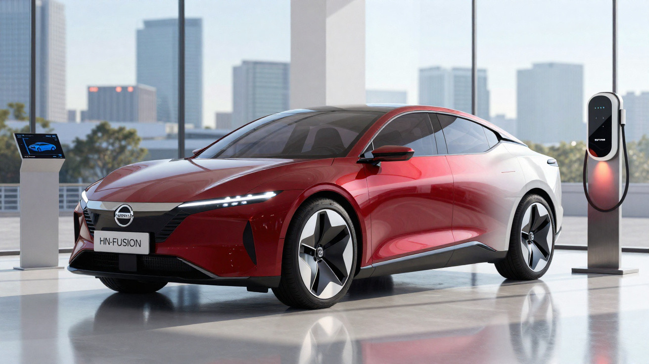 Carro elétrico vermelho Nissan HN-Fusion estacionado numa sala moderna com carregador elétrico.
