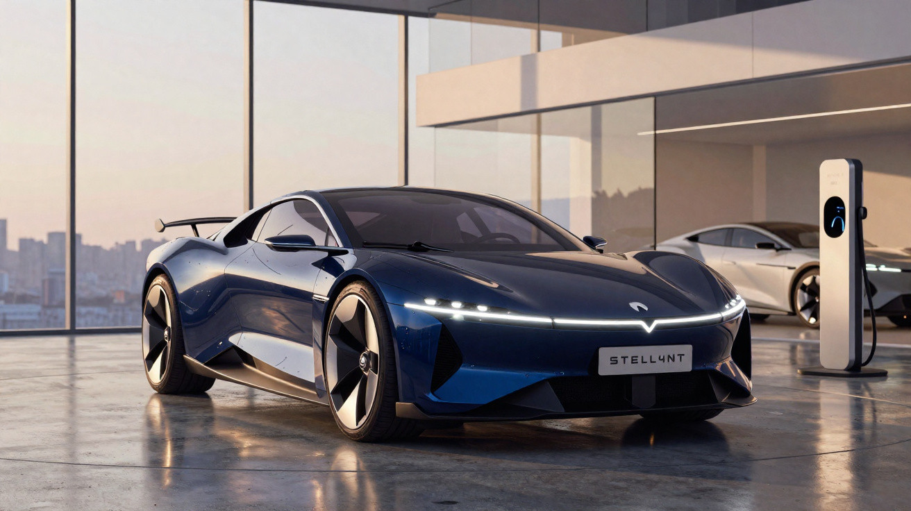 Carro elétrico desportivo azul estacionado numa garagem moderna com outro carro e posto de carregamento.