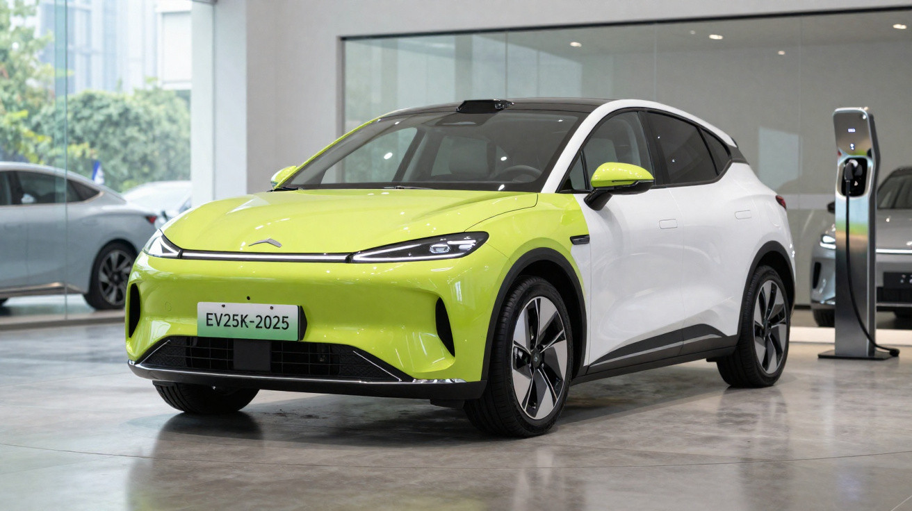 Carro elétrico moderno branco e verde numa garagem com posto de carregamento ao fundo.