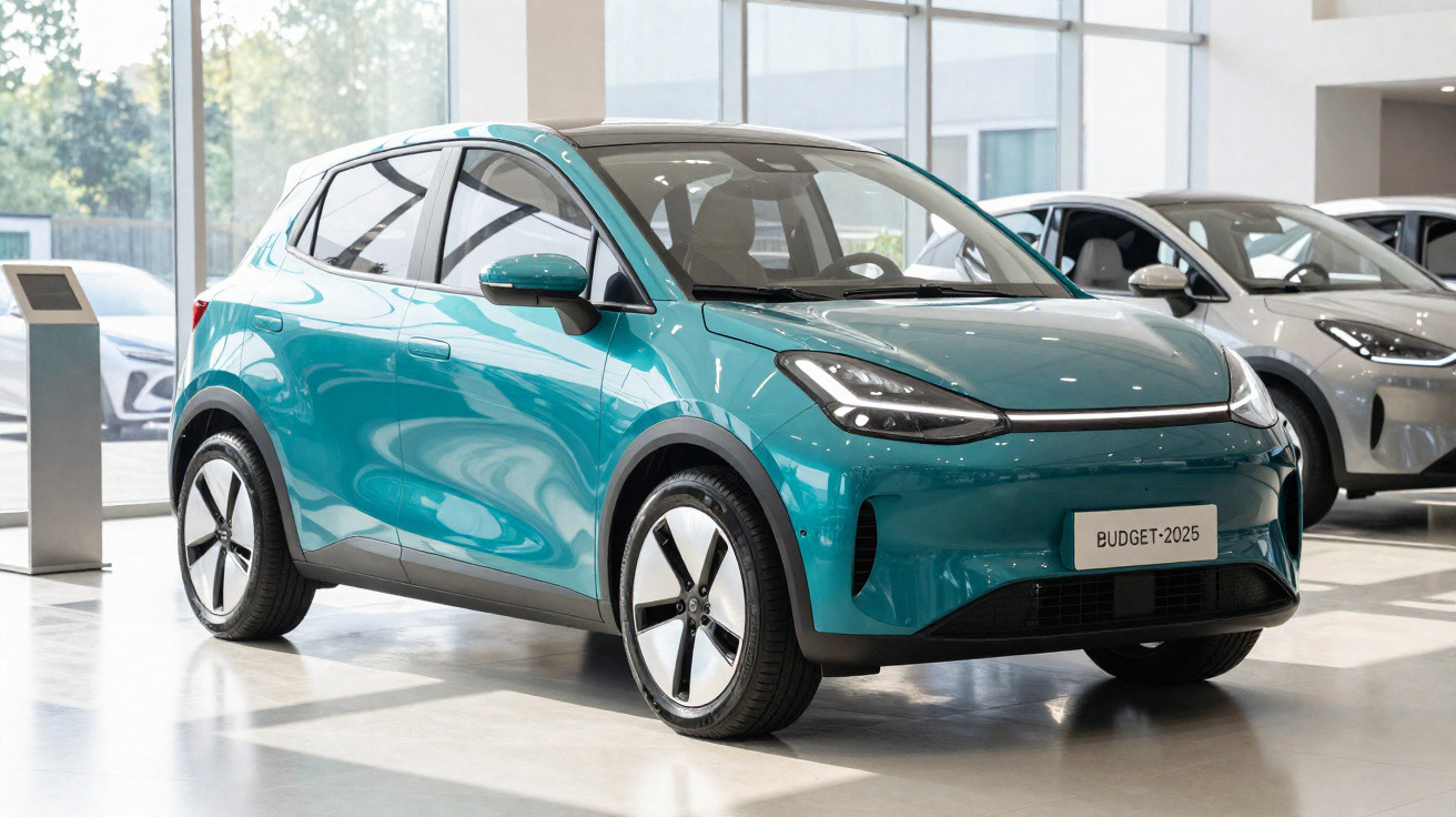 Carro elétrico compacto azul turquesa num showroom moderno com outros veículos ao fundo.