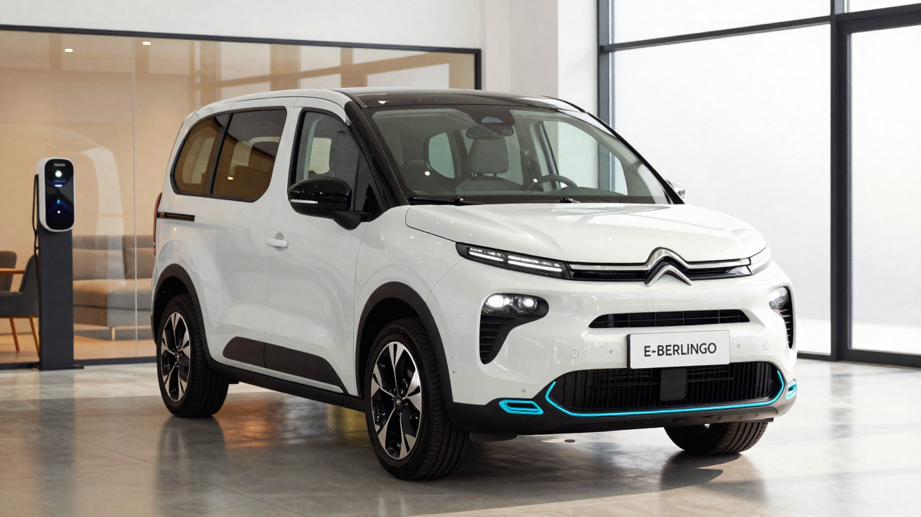 Citroën E-Berlingo branco estacionado em interior moderno com parede de vidro e posto de carregamento elétrico.