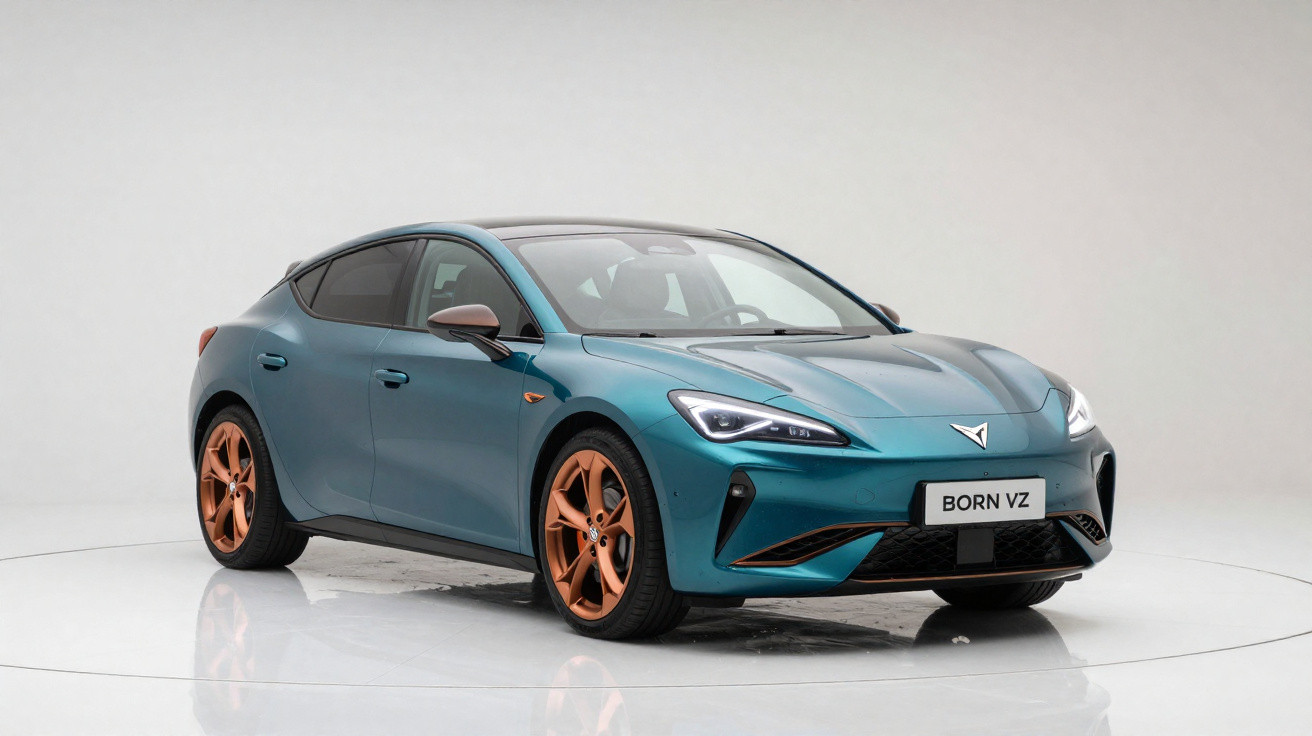 Carro elétrico Cupra Born azul com jantes e espelhos cor bronze em estúdio branco.
